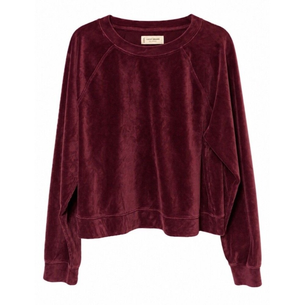 Lucky Brand Burgundy Velour Sweatshirt Women’s Large Soft Cozy Stretch Luxe Top